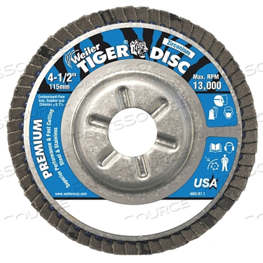 OEM#: 50516TIGER DISC ANGLED STYLE FLAP DISCS, 4 1/2 ДЮЙМА, 120 GRIT, 7/8 ARBOR, АЛЮМИНИЕВАЯ ЗАДНЯЯ ЧАСТЬ от Weiler