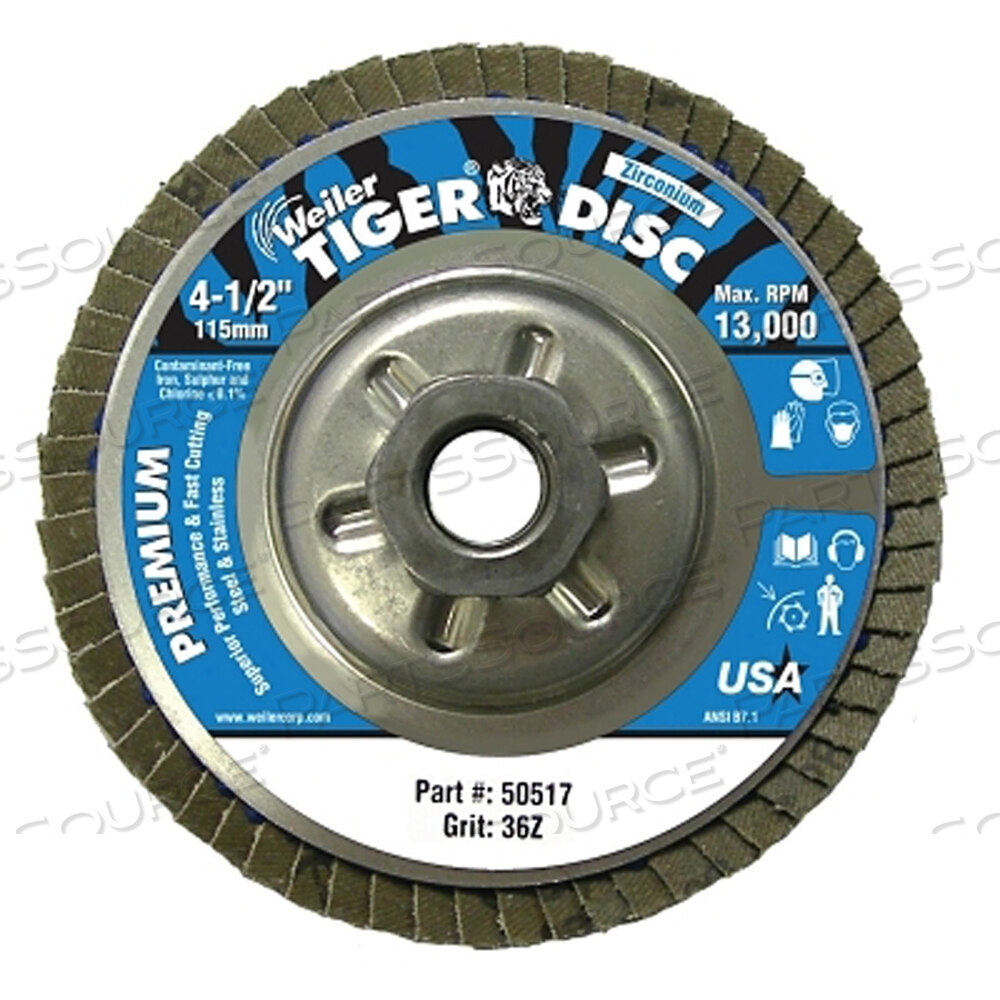 OEM#: 50517TIGER DISC ANGLED STYLE FLAP DISC, 4-1/2 ДЮЙМА ДИАМЕТРОМ, 36 ЗЕРНИСТОСТЬ, 5/8 ДЮЙМА-11, 13000 ОБ/МИН, ТИП 29 от Weiler