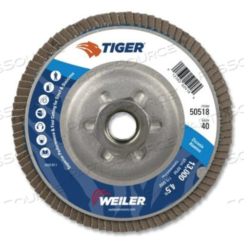 OEM#: 50518TIGER DISC ANGLED STYLE FLAP DISC, 4-1/2 IN DIA, 40 GRIT, 5/8 IN-11, 13000 RPM, TYPE 29 by Weiler