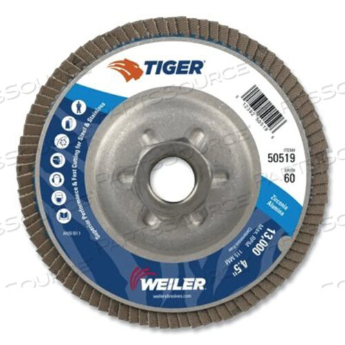 OEM#: 50519TIGER DISC ANGLED STYLE FLAP DISC, 4-1/2 ДЮЙМА ДИАМЕТРОМ, 60 ГРИТОВ, 5/8 ДЮЙМА-11, 13000 ОБ/МИН, ТИП 29 от Weiler
