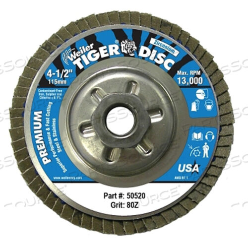 OEM#: 50520TIGER DISC ANGLED STYLE FLAP DISC, 4-1/2 ДЮЙМА ДИАМЕТРОМ, 80 GRIT, 5/8 ДЮЙМА-11, 13000 ОБ/МИН, ТИП 29 от Weiler