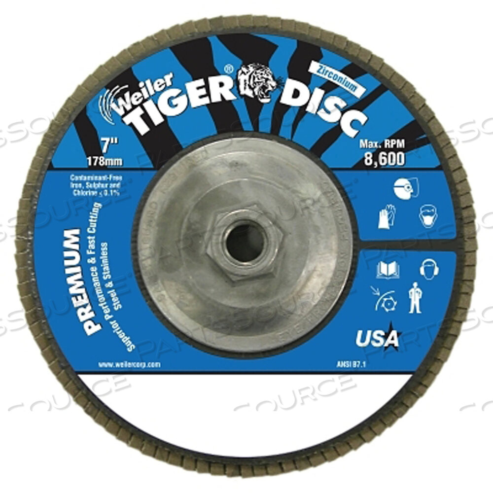 OEM#: 50544TIGER DISC ANGLED STYLE FLAP DISC, ДИАМЕТР 7 ДЮЙМОВ, ЗЕРНИСТОСТЬ 60, 5/8 ДЮЙМА-11, 8600 ОБ/МИН, ТИП 29 от Weiler