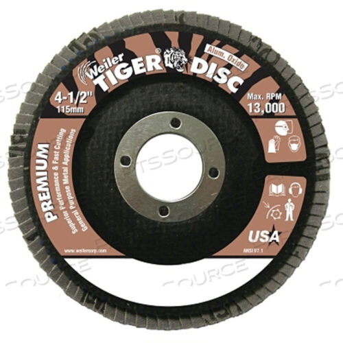 OEM#: 50562TIGER DISC ANGLED STYLE FLAP DISCS, 4 1/2 IN, 36 GRIT, 7/8 ARBOR, PHENOLIC BACK by Weiler