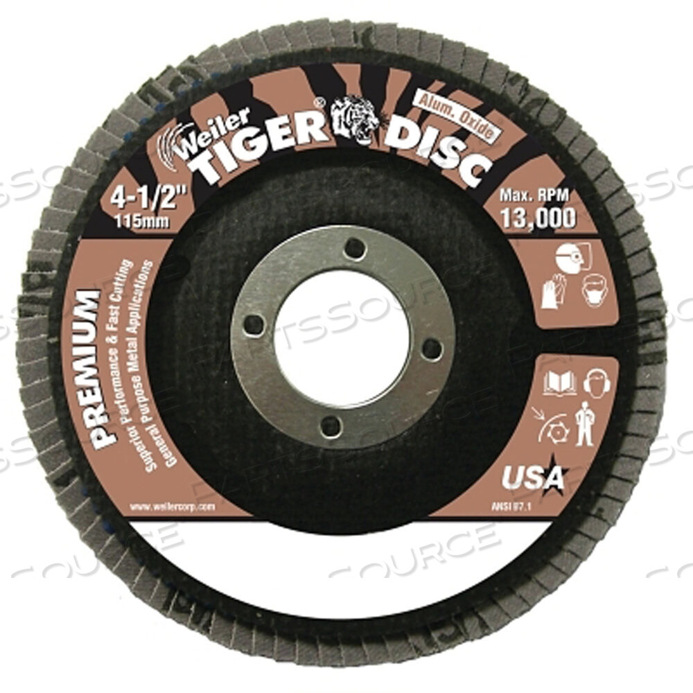 OEM#: 50562TIGER DISC ANGLED STYLE FLAP DISCS, 4 1/2 IN, 36 GRIT, 7/8 ARBOR, PHENOLIC BACK by Weiler