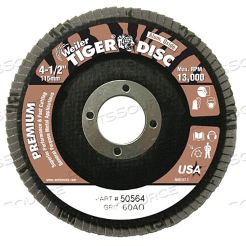 OEM#: 50564TIGER DISC ANGLED STYLE FLAP DISCS, 4 1/2,60 GRIT, 7/8 ARBOR, PHENOL BACK, ALUM by Weiler
