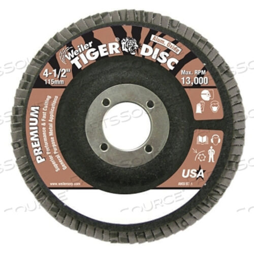 OEM#: 50663TIGER DISC ПЛОСКИЕ ЛЕПЕСТКОВЫЕ ДИСКИ, 4.5, 40 GRIT, 7/8 ARBOR, ФЕНОЛЬНАЯ ЗАДНЯЯ ЧАСТЬ, ОКСИД АЛЮМИНИЯ от Weiler