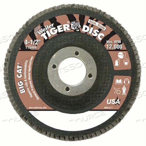 OEM#: 50763TIGER BIG CAT HIGH DENSITY FLAP DISC, 4-1/2 ДЮЙМА ДИАМЕТРОМ, 40 ЗЕРНИСТОСТЬ, 7/8 ДЮЙМА ОСИ, 12000 ОБ/МИН, ТИП 27 от Weiler