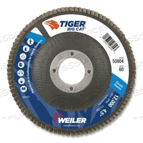 OEM#: 50804TIGER BIG CAT HIGH DENSITY FLAP DISC, 4-1/2 ДЮЙМА ДИАМЕТРОМ, 60 ЗЕРНИСТОСТЬ, 7/8 ДЮЙМА ОПРАВКА, 12000 ОБ/МИН, ТИП 27 от Weiler