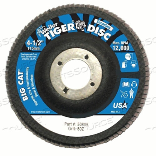 OEM#: 50805TIGER BIG CAT HIGH DENSITY FLAP DISC, 4-1/2 IN DIA, 80 GRIT, 7/8 IN ARBOR, 12000 RPM, TYPE 27 by Weiler
