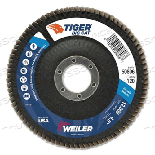 OEM#: 50806TIGER BIG CAT HIGH DENSITY FLAP DISC, 4-1/2 ДЮЙМА ДИАМЕТРОМ, 120 ЗЕРНИСТОСТЬ, 7/8 ДЮЙМА ОСИ, 12 000 ОБ/МИН, ТИП 27 от Weiler