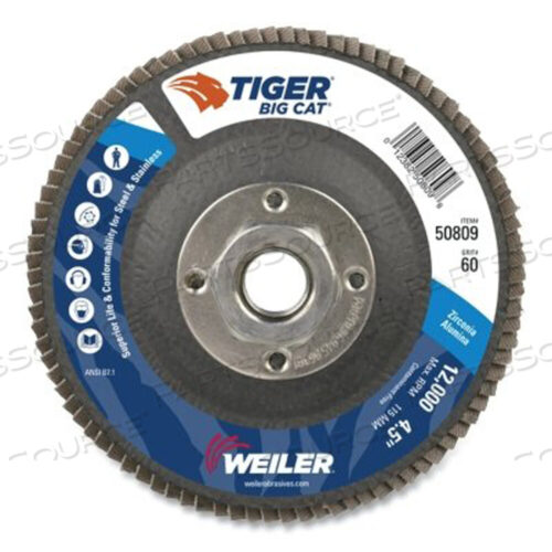 OEM#: 50809TIGER BIG CAT HIGH DENSITY FLAP DISC, 4-1/2 ДЮЙМА ДИАМЕТРОМ, 60 GRIT, 5/8 ДЮЙМА-11, 12000 ОБ/МИН, ТИП 27 от Weiler