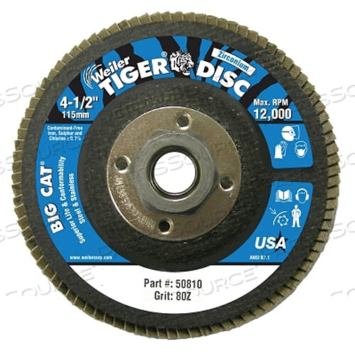 OEM#: 50810TIGER BIG CAT HIGH DENSITY FLAP DISC, 4-1/2 ДЮЙМА ДИАМЕТРОМ, 80 GRIT, 5/8 ДЮЙМА-11, 12000 ОБ/МИН, ТИП 27 от Weiler