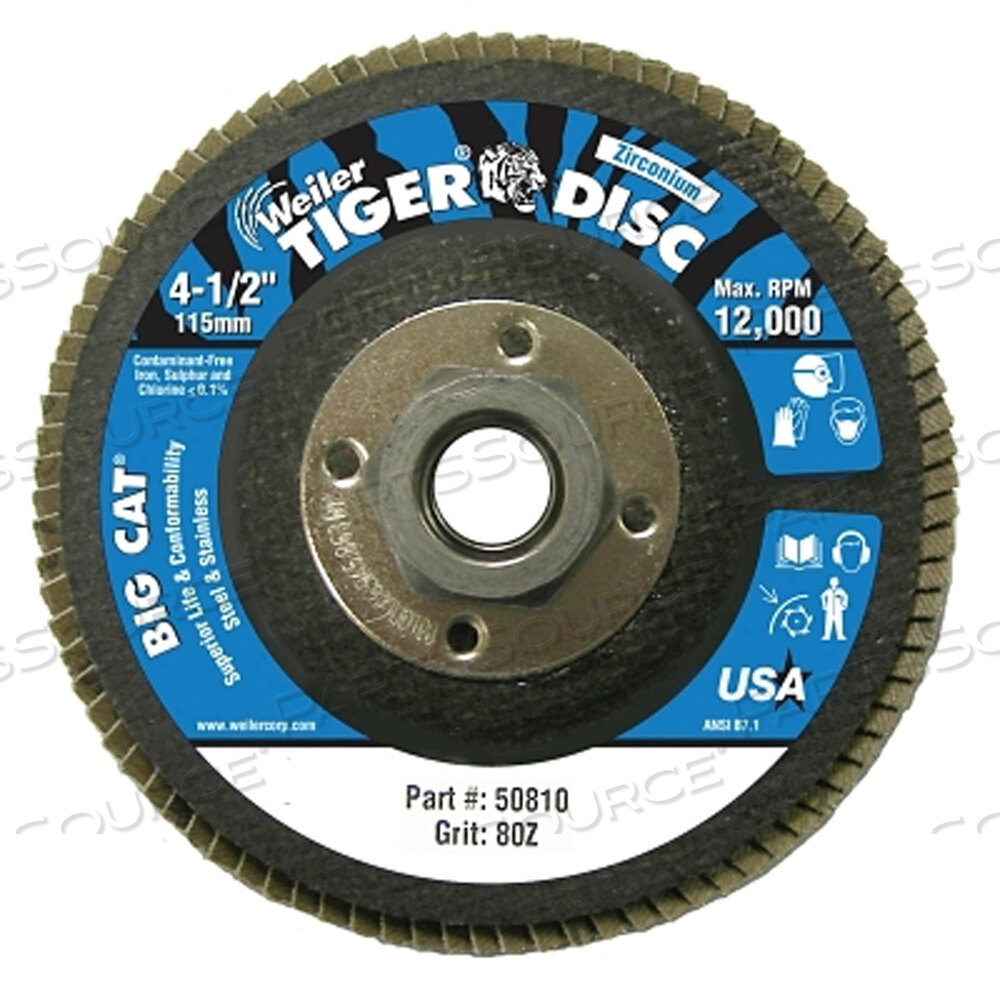 OEM#: 50810TIGER BIG CAT HIGH DENSITY FLAP DISC, 4-1/2 ДЮЙМА ДИАМЕТРОМ, 80 GRIT, 5/8 ДЮЙМА-11, 12000 ОБ/МИН, ТИП 27 от Weiler