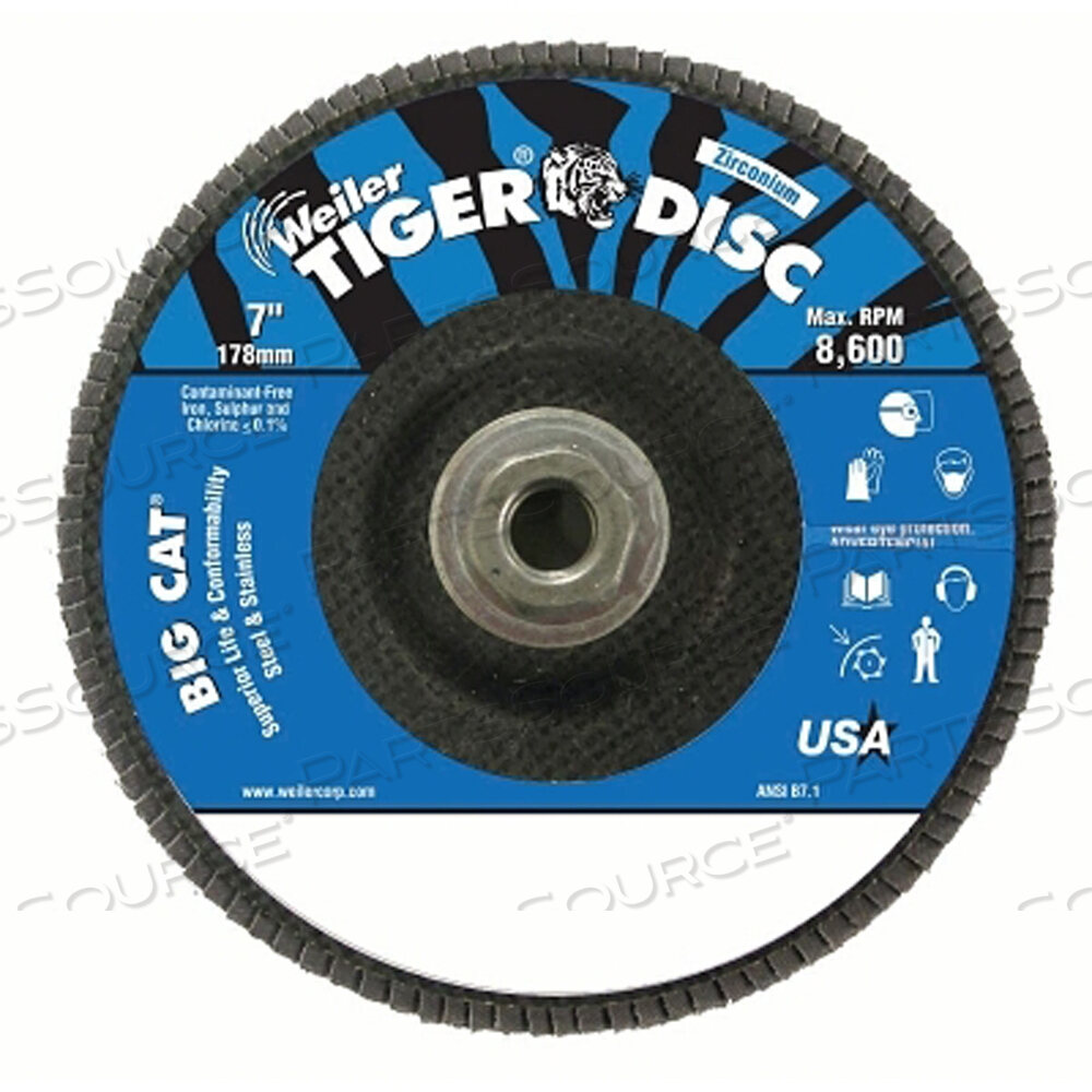 OEM#: 50843TIGER BIG CAT HIGH DENSITY FLAP DISC, 7 ДЮЙМОВ ДИАМЕТРОМ, 40 ЗЕРНИСТОСТЬ, 5/8 ДЮЙМА-11, 8600 ОБ/МИН, ТИП 27 от Weiler