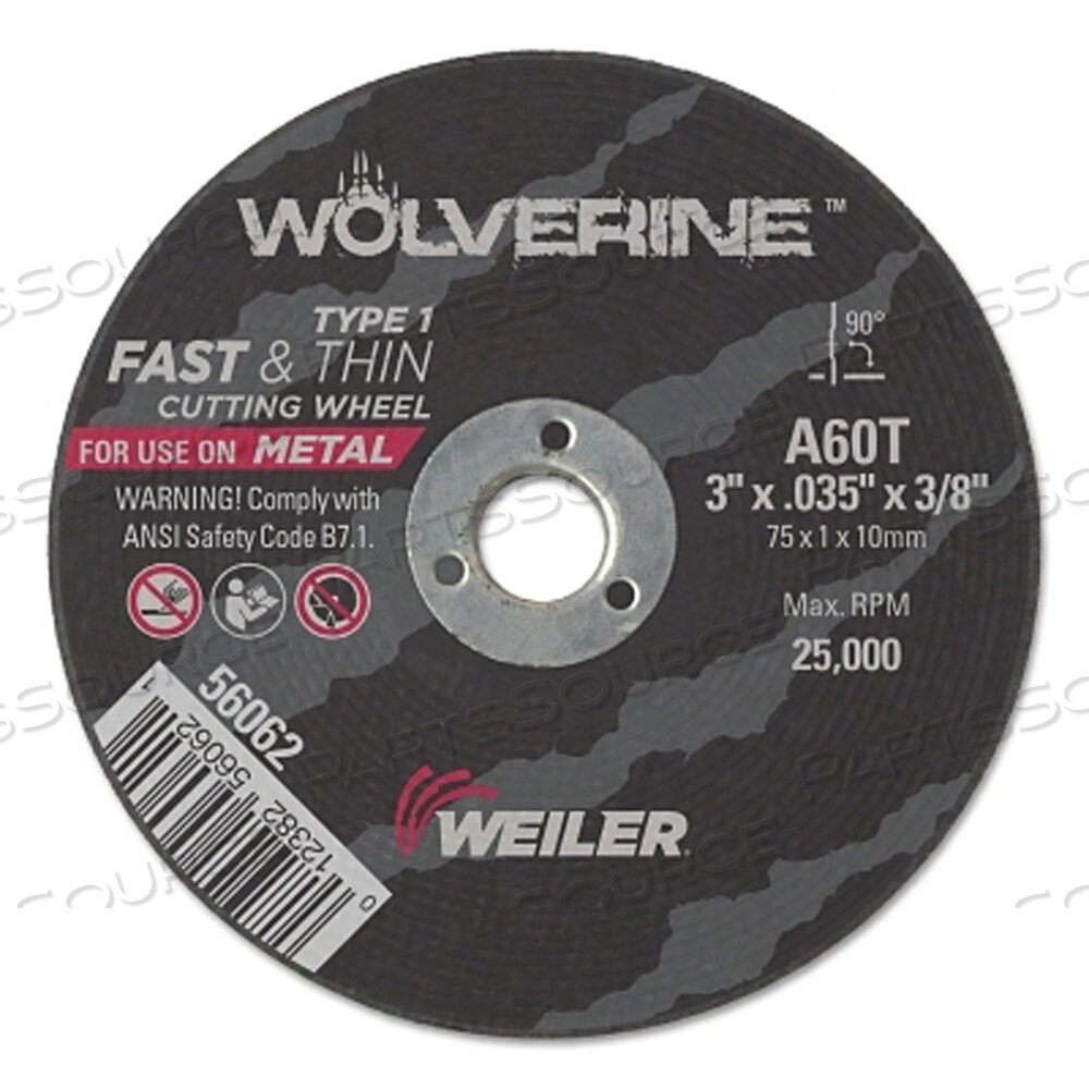 OEM#: 56062ОТРЕЗНОЙ КРУГ WOLVERINE FLAT TYPE 1, ДИАМЕТР 3 ДЮЙМА, ТОЛЩИНА 0,035 ДЮЙМА, ЗЕРНИСТОСТЬ 60, ОКСИД АЛЮМИНИЯ от Weiler