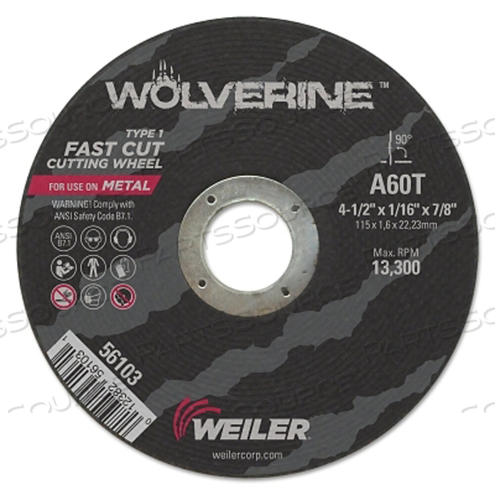OEM#: 56103ОТРЕЗНОЙ КРУГ WOLVERINE FLAT TYPE 1, ДИАМЕТР 4-1/2 ДЮЙМА, ТОЛЩИНА 1/16 ДЮЙМА, ЗЕРНИСТОСТЬ 60, ОКСИД АЛЮМИНИЯ от Weiler