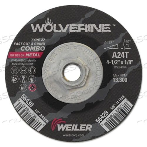 OEM#: 56429WOLVERINE COMBO WHEEL, 4-1/2 ДЮЙМА ДИАМЕТРОМ, 1/8 ТОЛЩИНА, 5/8 ДЮЙМА - 11 UNC ОПРАВКА, 24 ЗЕРНА от Weiler