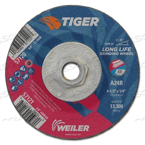 OEM#: 57120TIGER AO GRINDING WHEEL, 4-1/2 IN DIA X 1/4 IN THICK, 5/8 IN-11 UNC ARBOR, A24R, TYPE 27 by Weiler