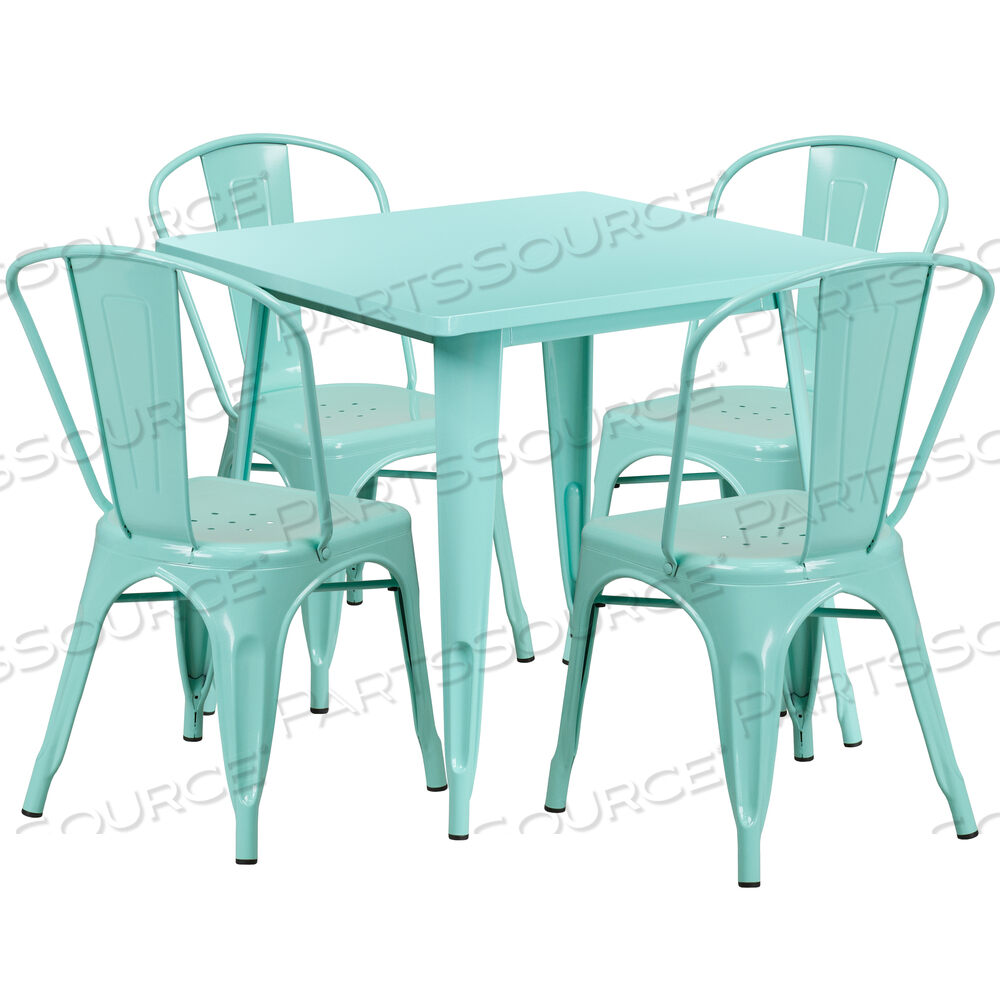 OEM#: ET-CT002-4-30-MINT-GGFOSTER COMMERCIAL GRADE 31.5 SQUARE MINT GREEN METAL INDOOR-OUTDOOR TABLE SET WITH 4 STACK CHAIRS by Flash Furniture
