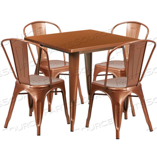 OEM#: ET-CT002-4-30-POC-GGFOSTER COMMERCIAL GRADE 31.5 SQUARE COPPER METAL INDOOR-OUTDOOR TABLE SET WITH 4 STACK CHAIRS by Flash Furniture