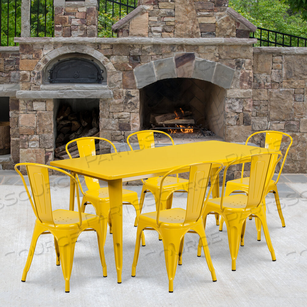 OEM#: ET-CT005-6-30-YL-GGGILBERT COMMERCIAL GRADE 31.5 X 63 RECTANGULAR YELLOW METAL INDOOR-OUTDOOR TABLE SET WITH 6 STACK CHAIRS by Flash Furniture