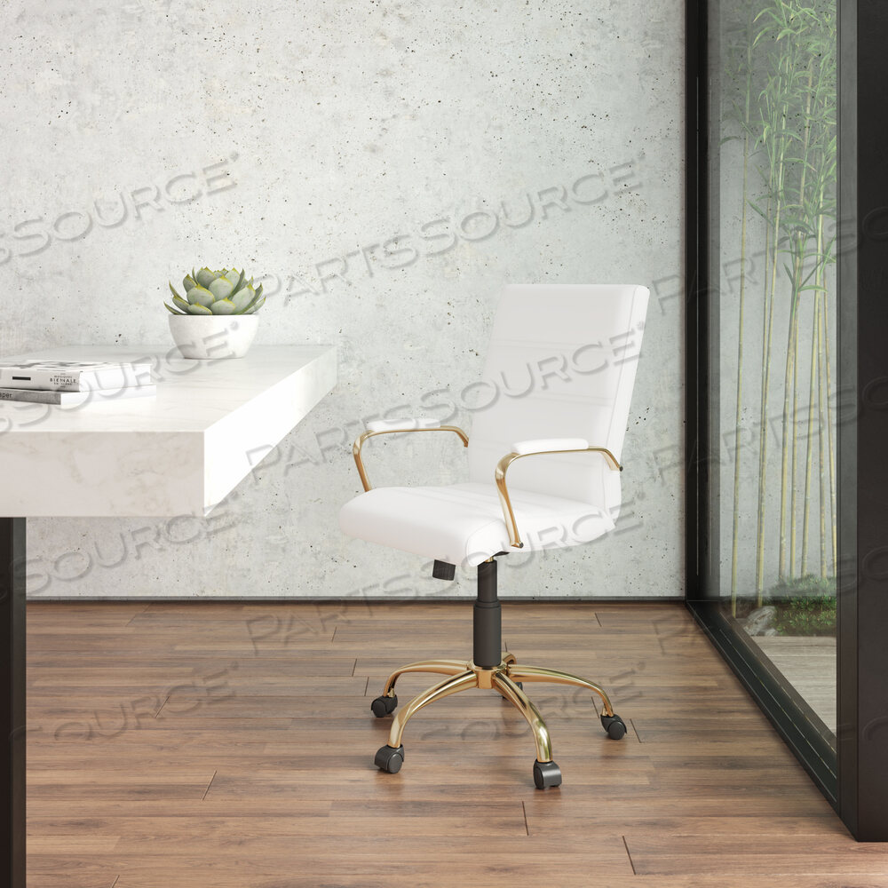 OEM#: GO-2286M-WH-GLD-GGWHITNEY Белое вращающееся кресло для руководителя из мягкой кожи со средней спинкой, золотой рамой и подлокотниками от Flash Furniture