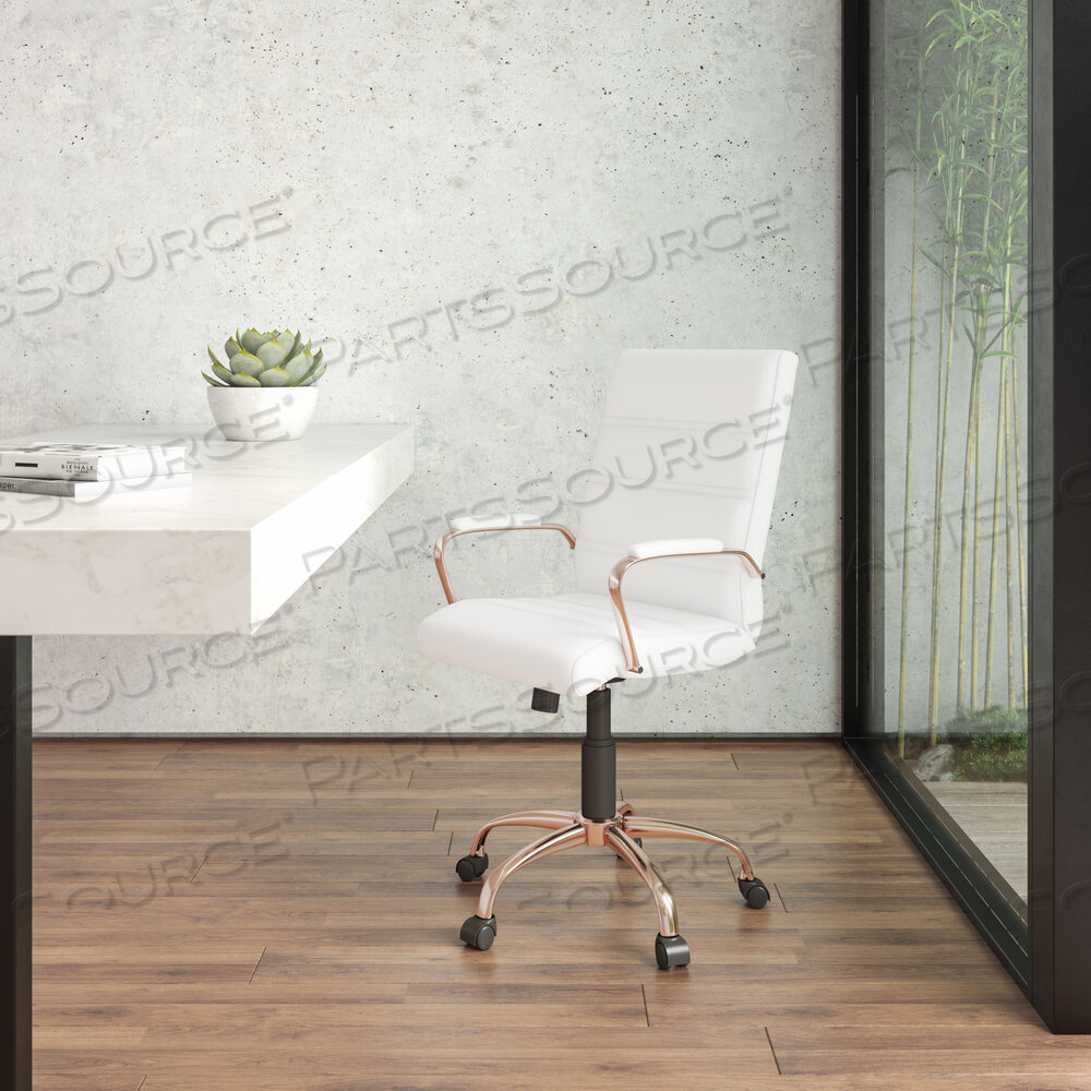 OEM#: GO-2286M-WH-RSGLD-GGWHITNEY Белое вращающееся кресло для руководителя из мягкой кожи со средней спинкой, каркасом и подлокотниками цвета розового золота от Flash Furniture