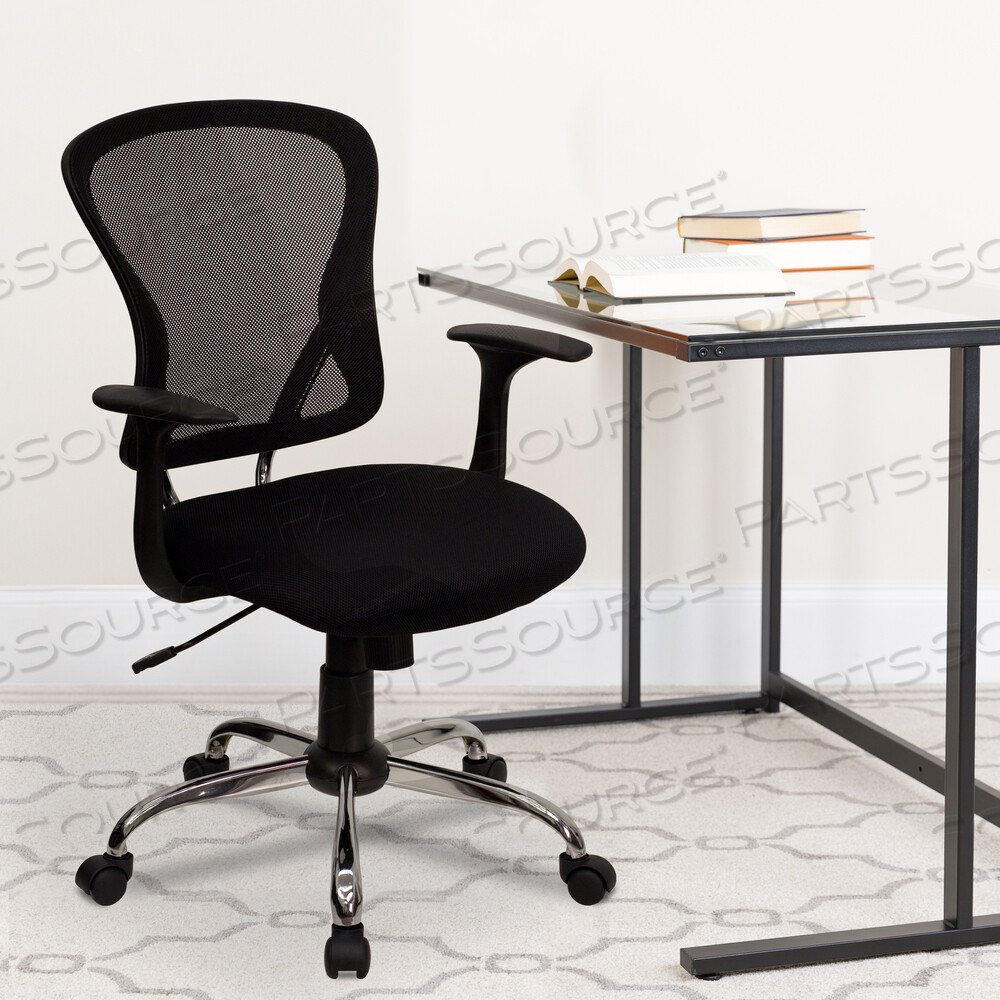 OEM#: H-8369F-BLK-GGALFRED ЧЕРНОЕ ОФИСНОЕ ВРАЩАЮЩЕЕСЯ ОФИСНОЕ КРЕСЛО С СРЕДНЕЙ СПИНОЙ, СЕТЧАТОЙ ЧЕРНОЙ, С ХРОМИРОВАННЫМ ОСНОВАНИЕМ И ПОДЛОКОТНИКАМИ от Flash Furniture