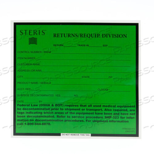 OEM#: P764332113ЭТИКЕТКА, ВОЗВРАТ/ДЕЗИНФЕКЦИЯ от STERIS Corporation