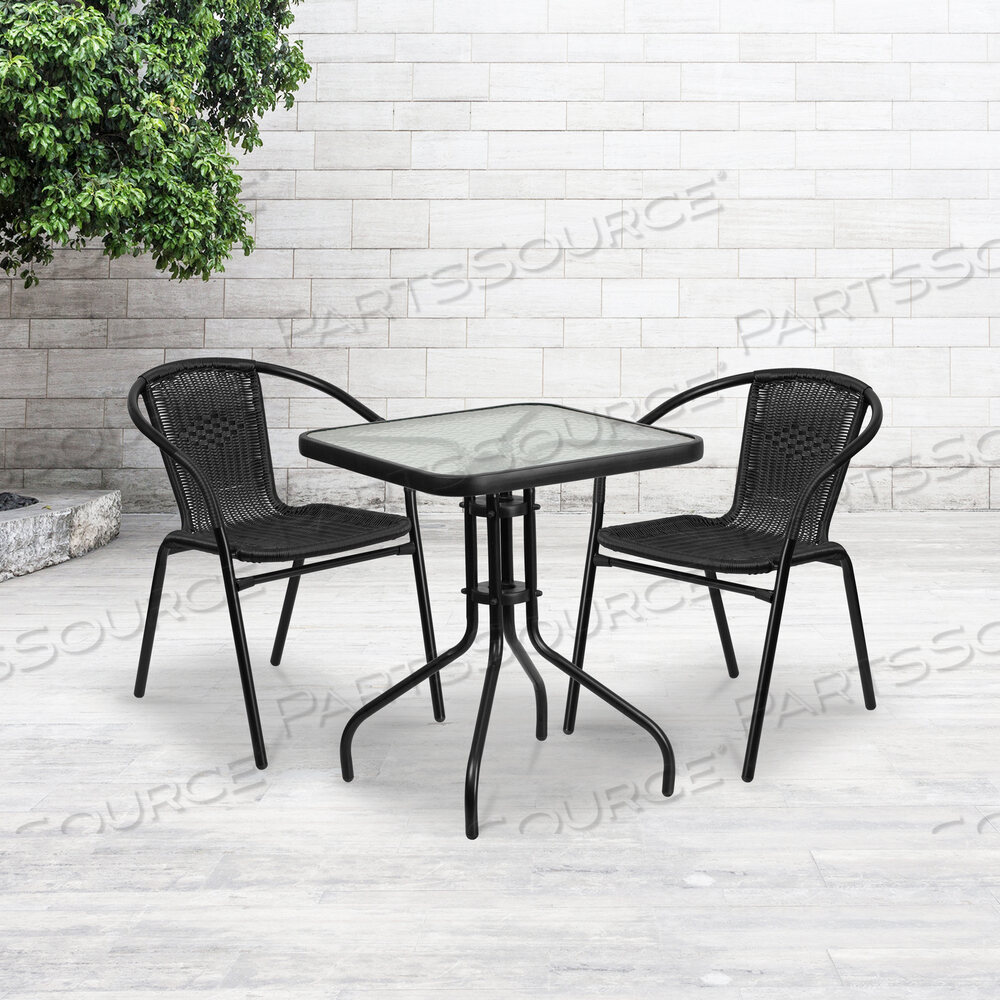 OEM#: TLH-0731SQ-037BK2-GGLILA 23,5-дюймовый квадратный стеклянно-металлический стол с двумя черными ротанговыми стульями от Flash Furniture