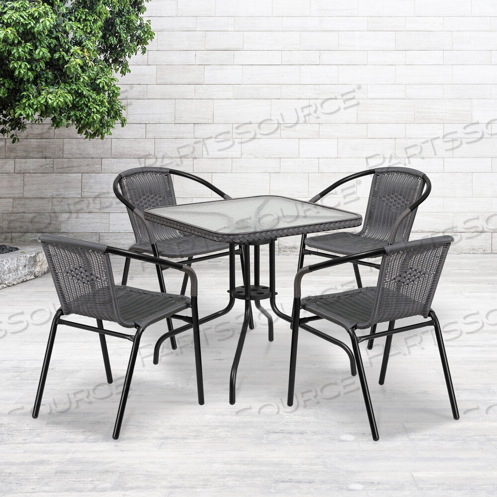 OEM#: TLH-073SQ-037GY4-GGLILA 28-дюймовый квадратный стеклянно-металлический стол с серой ротанговой окантовкой и 4 серыми ротанговыми стульями от Flash Furniture