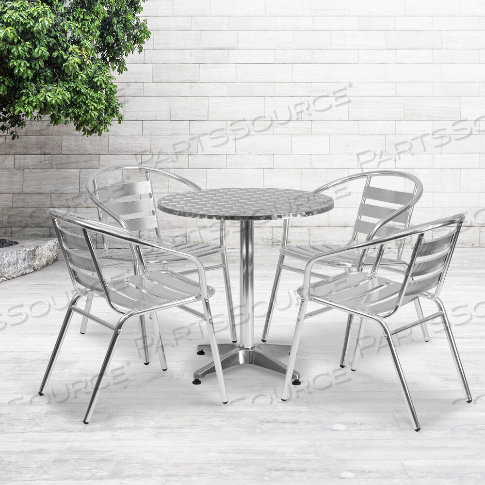 OEM#: TLH-ALUM-28RD-017BCHR4-GGLILA 27,5-дюймовый круглый алюминиевый стол для использования в помещении и на улице с 4 стульями со спинками из реек от Flash Furniture