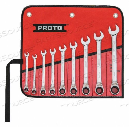 OEM#: JSCVT-9S9 PIECE FULL POLISH COMBINATION REVERSIBLE RATCHETING WRENCH SET - 12 POINT by Proto