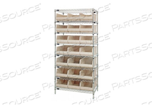 OEM#: WR8-485IVWR8-485 CHROME WIRE SHELVING WITH 21 SSB485 STACKABLE SHELF BINS IVORY, 36X21X74 by Quantum Storage Systems