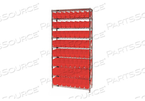 OEM#: WR9-203RDWR9-203 CHROME WIRE SHELVING WITH 64 6H PLASTIC SHELF BINS RED, 36X18X74 by Quantum Storage Systems