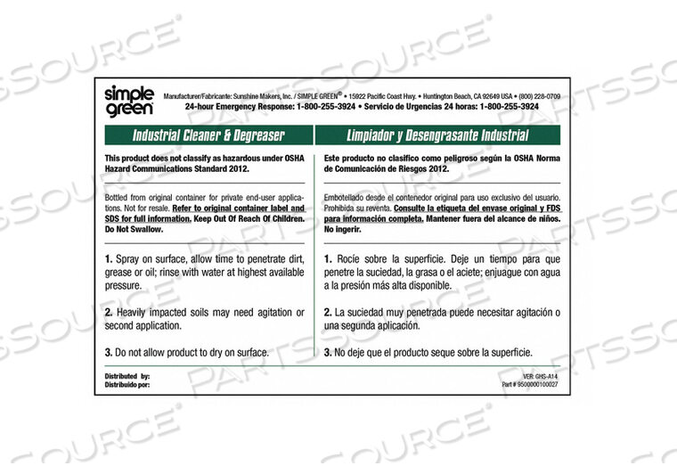 OEM#: 9510001000027ВТОРИЧНАЯ ЭТИКЕТКА 4 В H ПРОСТАЯ ЗЕЛЕНАЯ PK10 от Simple Green