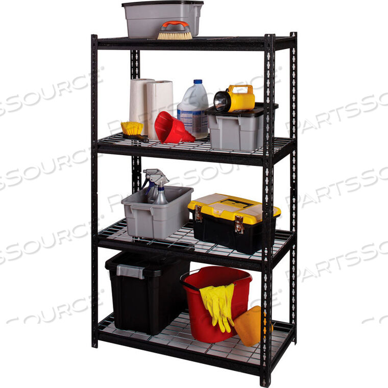 OEM#: 22129IRON HORSE RIVET SHELVING W/WIRE Deck, 36WX18DX60H, 4 ПОЛКИ, 2300LBS CAP, BLK от Hirsh