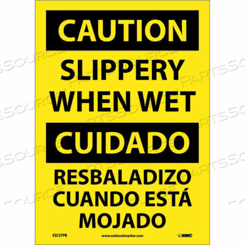 OEM#: ESC57PBBДвуязычный виниловый знак - ОСТОРОЖНО, СКОЛЬЗКО ПРИ МОКРОМ ВОЗДУХЕ от National Marker Company