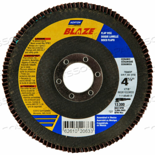 OEM#: 66261020633BLAZE FIBERGLASS FLAT FLAP DISC T27 4-1/2 X 7/8 60 GRIT SEEDED GEL CERAMIC by Norton | Saint-Gobain Abrasives