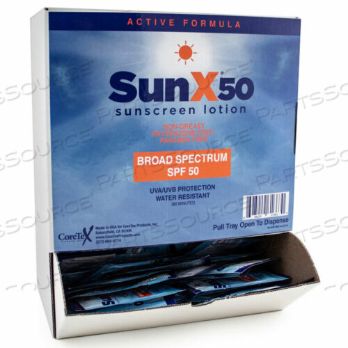 OEM#: 61663SUN X 50 SUNSCREEN LOTION, SPF 50 LOTION, POUCH, WALLMOUNT BOX, 50 PACKETS by Coretex Products