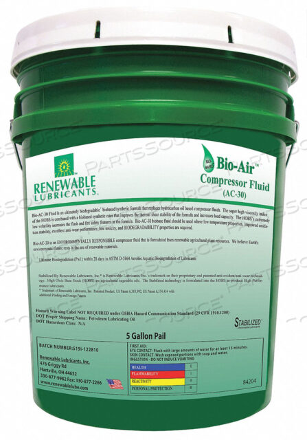 OEM#: 84204COMPRESSOR OIL 5 GAL PAIL 30 SAE GRADE by Renewable Lubricants