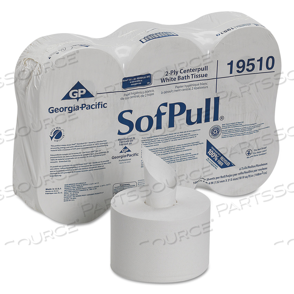 OEM#: 19510HIGH CAPACITY CENTER PULL TISSUE, SEPTIC SAFE, 2-PLY, WHITE, 1,000/ROLL, 6 ROLLS/CARTON by Georgia-Pacific