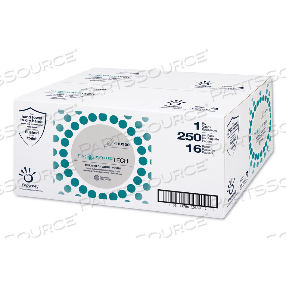OEM#: 410339 БУМАЖНОЕ ПОЛОТЕНЦЕ DISSOLVETECH, MULTIFOLD, 9,5 X 9,25, БЕЛОЕ, 250/УПАК, 16 УПАКОВОК/КОРОБКА от Papernet
