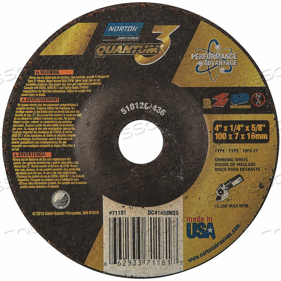 OEM#: 66253371181ДИСК С УГЛУБЛЕННЫМ ЦЕНТРОМ 4 ДЮЙМА 5/8 ДЮЙМА ТИП 27 от Norton | Saint-Gobain Abrasives