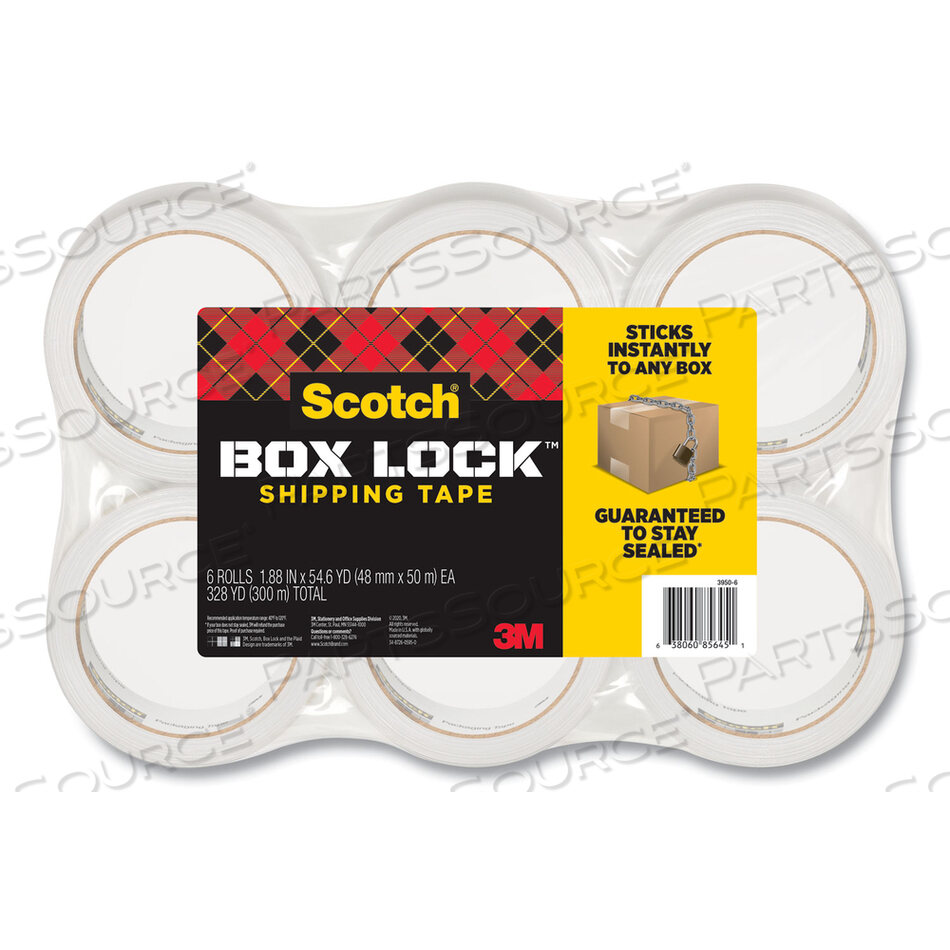 OEM#: 3950-6BOX LOCK SHIPPING PACKAGING TAPE, 3 CORE, 1.88 X 54.6 YDS, CLEAR, 6/PACK by 3M Consumer