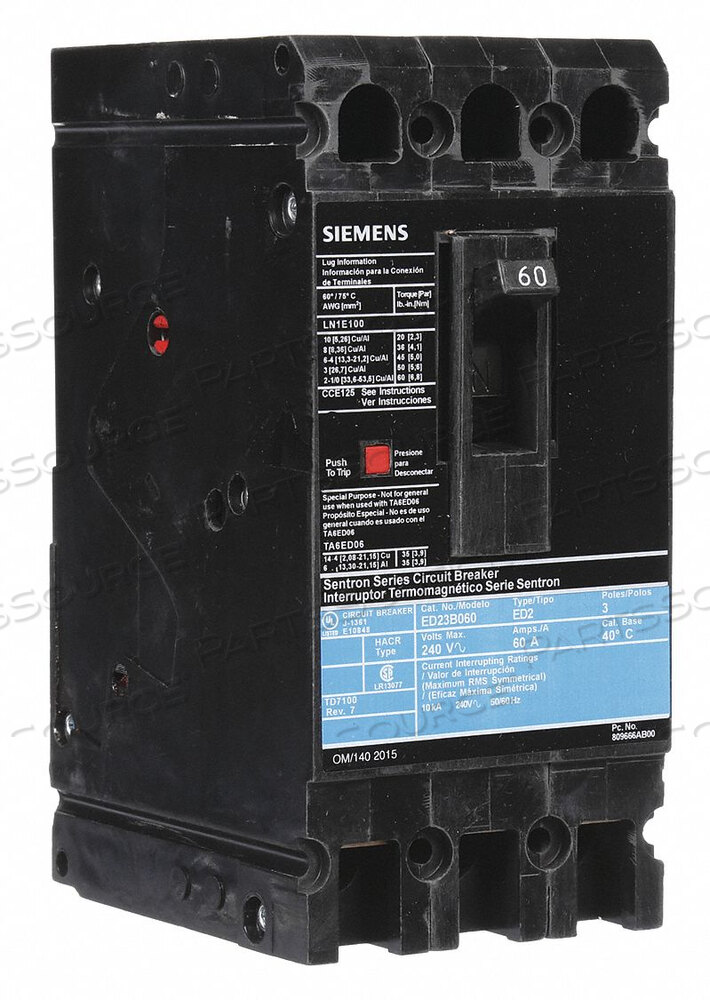 OEM#: ED23B060АВТОМАТИЧЕСКИЙ ВЫКЛЮЧАТЕЛЬ 60A 3P 240VAC ED2 от Siemens