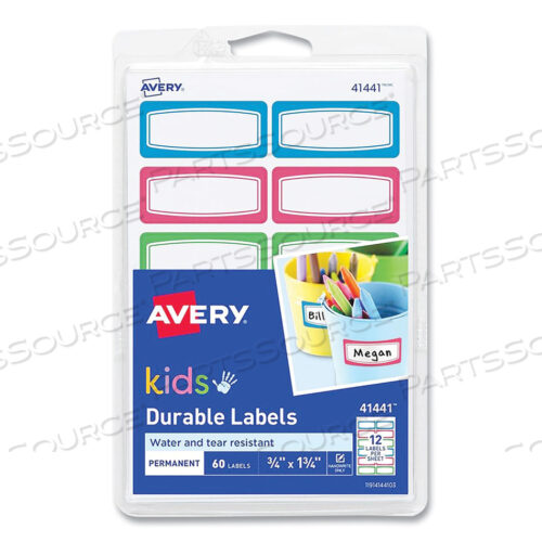 Рукописные ИДЕНТИФИКАЦИОННЫЕ ЭТИКЕТКИ AVERY KIDS, 1,75 X 0,75, ЦВЕТА ГРАНИЦ: СИНИЙ, ЗЕЛЕНЫЙ, КРАСНЫЙ, 12 ЭТИКЕТОК/ЛИСТ, 5 ЛИСТОВ/УПАКОВКА