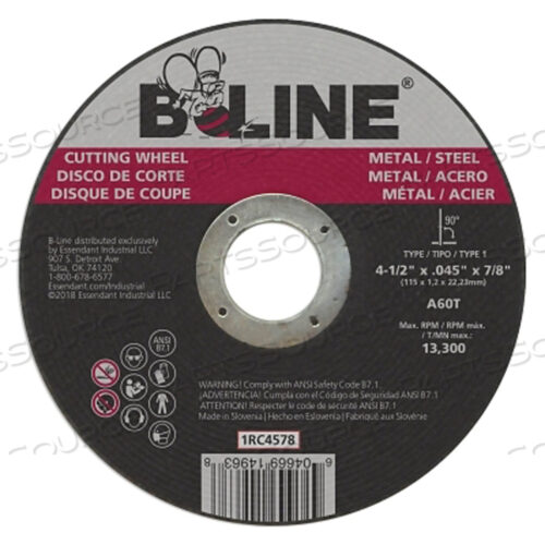 OEM#: 90889ОТРЕЗНОЙ КРУГ, 4-1/2 ДЮЙМА ДИАМЕТРОМ, 0,045 ДЮЙМА ТОЛЩИНОЙ, ОСИНОЙ 7/8 ДЮЙМА, ЗЕРНИСТОСТЬЮ 60, ОКСИД АЛЮМИНИЯ от B-Line Abrasives