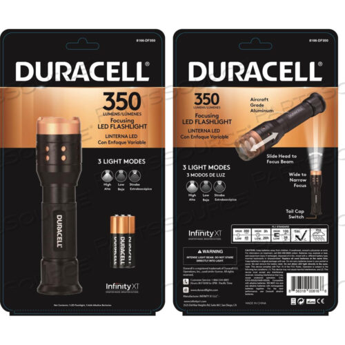 8166-DF350 АЛЮМИНИЕВЫЙ СВЕТОДИОДНЫЙ ФОНАРИК DURACELL С ФОКУСОМ, 350 ЛЮМЕН, 4 РЕЖИМА, 3 батарейки ААА