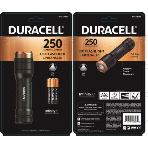 8234-DF250 DURACELL ALUMINUM LED FLASHLIGHT, 250 LUMENS, 3 MODES, 3-AAA